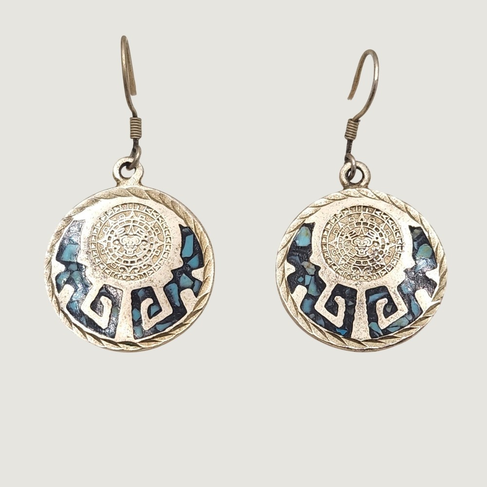 Vintage Mexican Aztec Calendar Turquoise Inlay Sun Stone Drop Earrings Silver